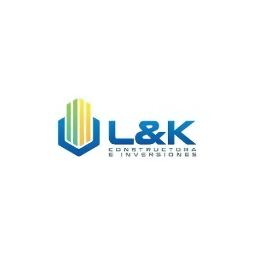 Logotipo de L&K Constructora e Inversiones con diseño de edificio en tonos azules y verdes