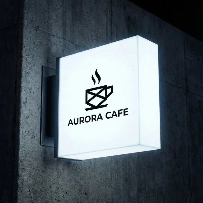 Caja luminosa instalada en fachada de cafetería con iluminación LED uniforme