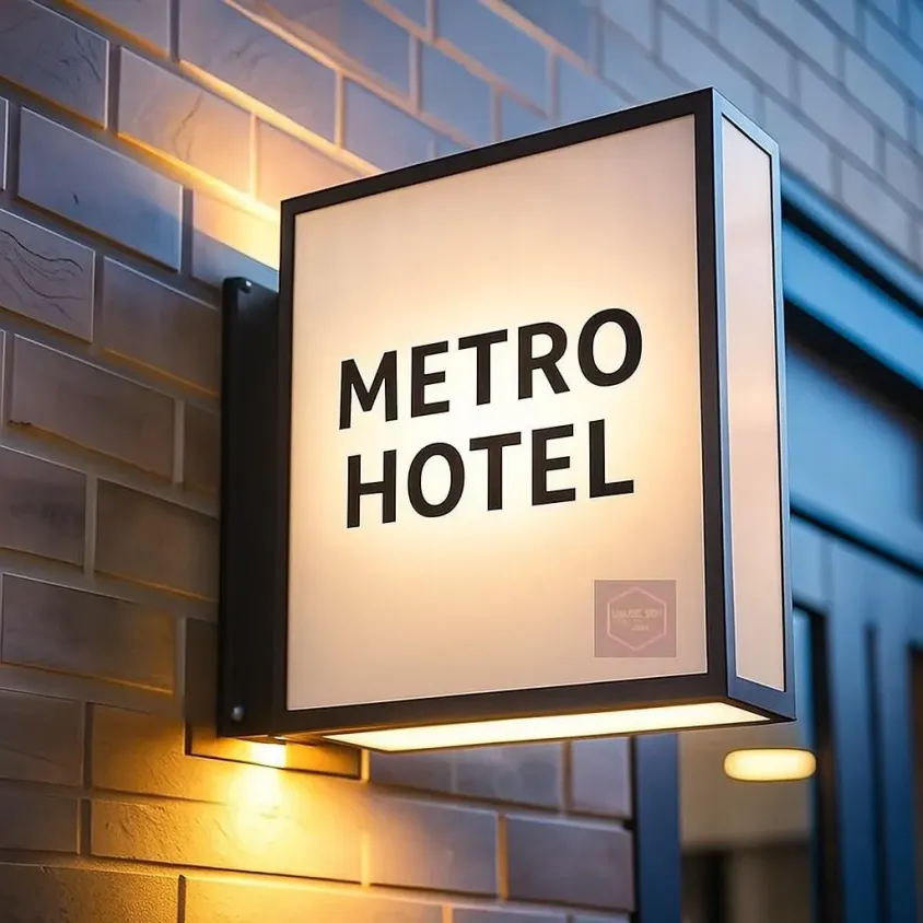 Caja luminosa exterior para hotel con rotulacion corporativa de alta visibilidad