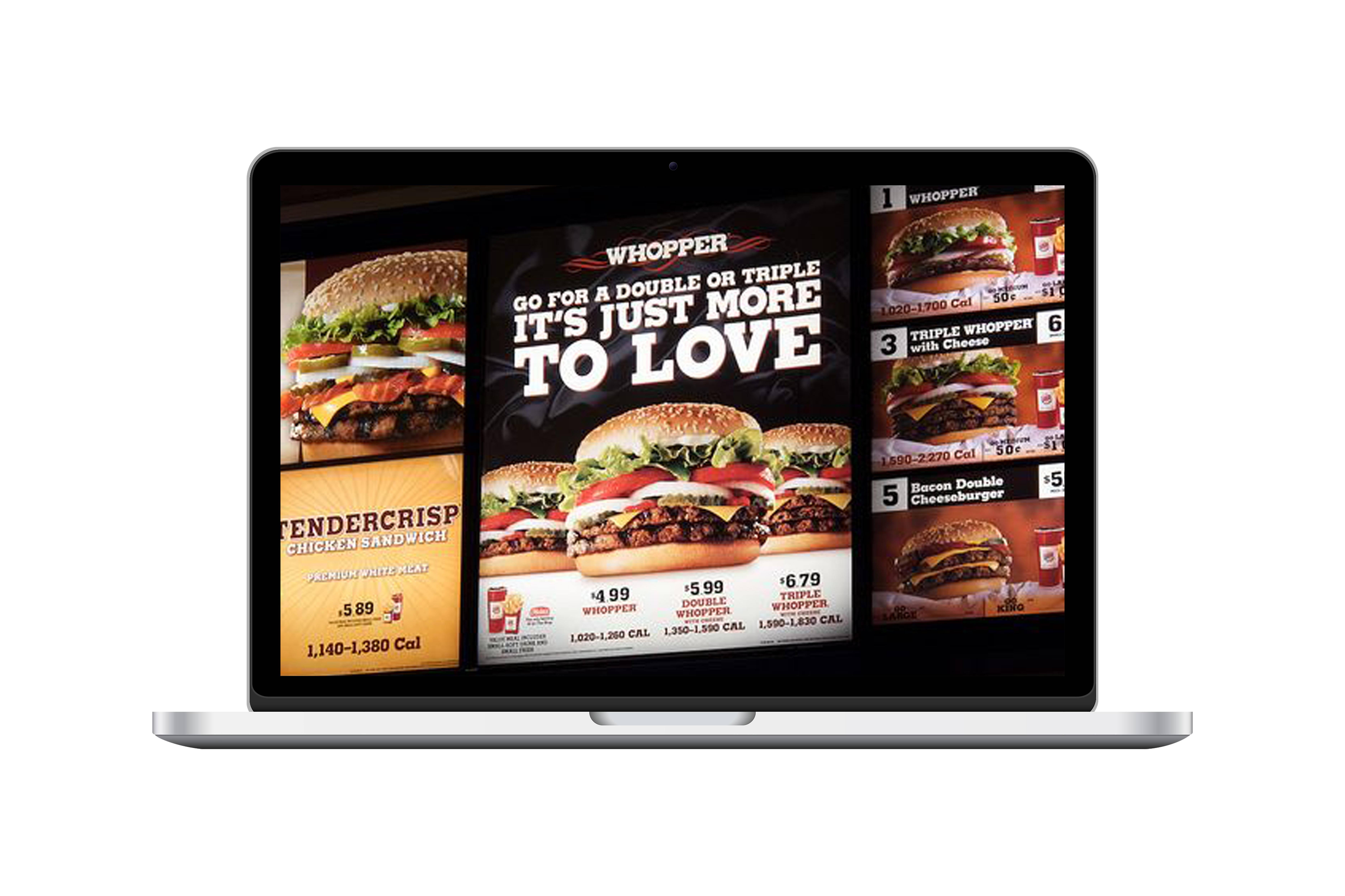 Pantalla digital con menú de hamburguesas Whopper y promociones de triple combo