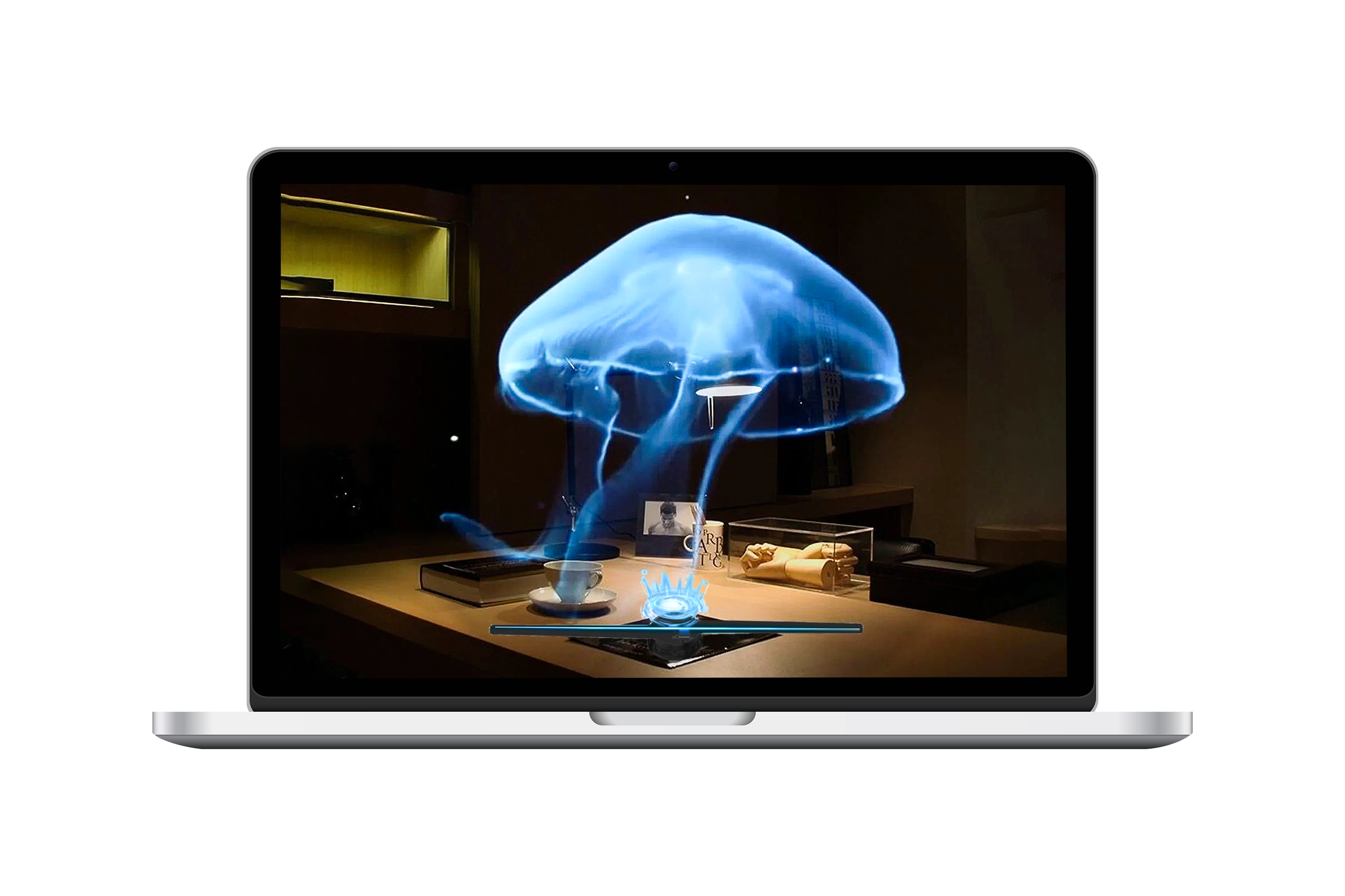 Proyector holográfico 3D mostrando una medusa flotando sobre escritorio moderno