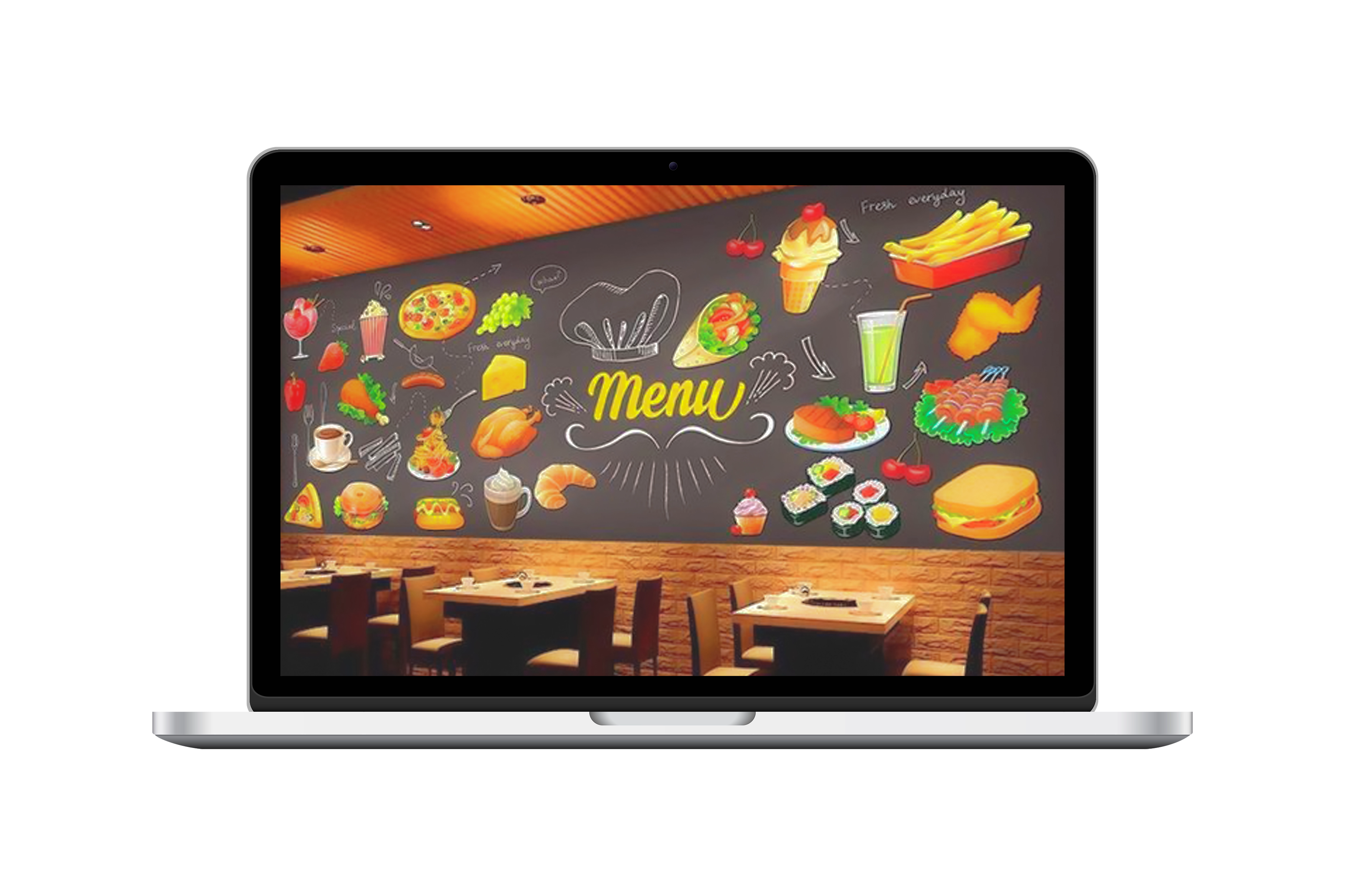 Vinilo decorativo con menú ilustrado en pared de restaurante con temática de comida rápida