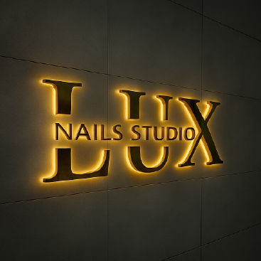 Logotipo de Lux Nails Studio iluminado en dorado sobre pared oscura